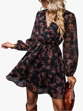 NWT CUPSHE Black Floral Ditsy Surplice V-Neck Mini Dress with Sheer Long Sleeves